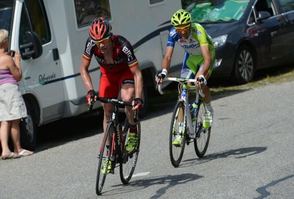 Cadel Evans (BMC) attacks with Ivan Basso (Liquigas-Cannondale) in tow