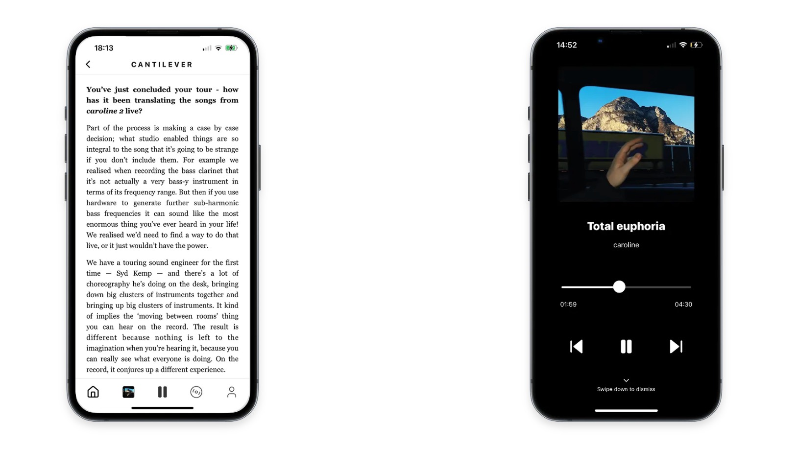 Two phones side by side running the Cantilever music streaming app &amp;ndash; one shows a text article, the other album art and a play button.