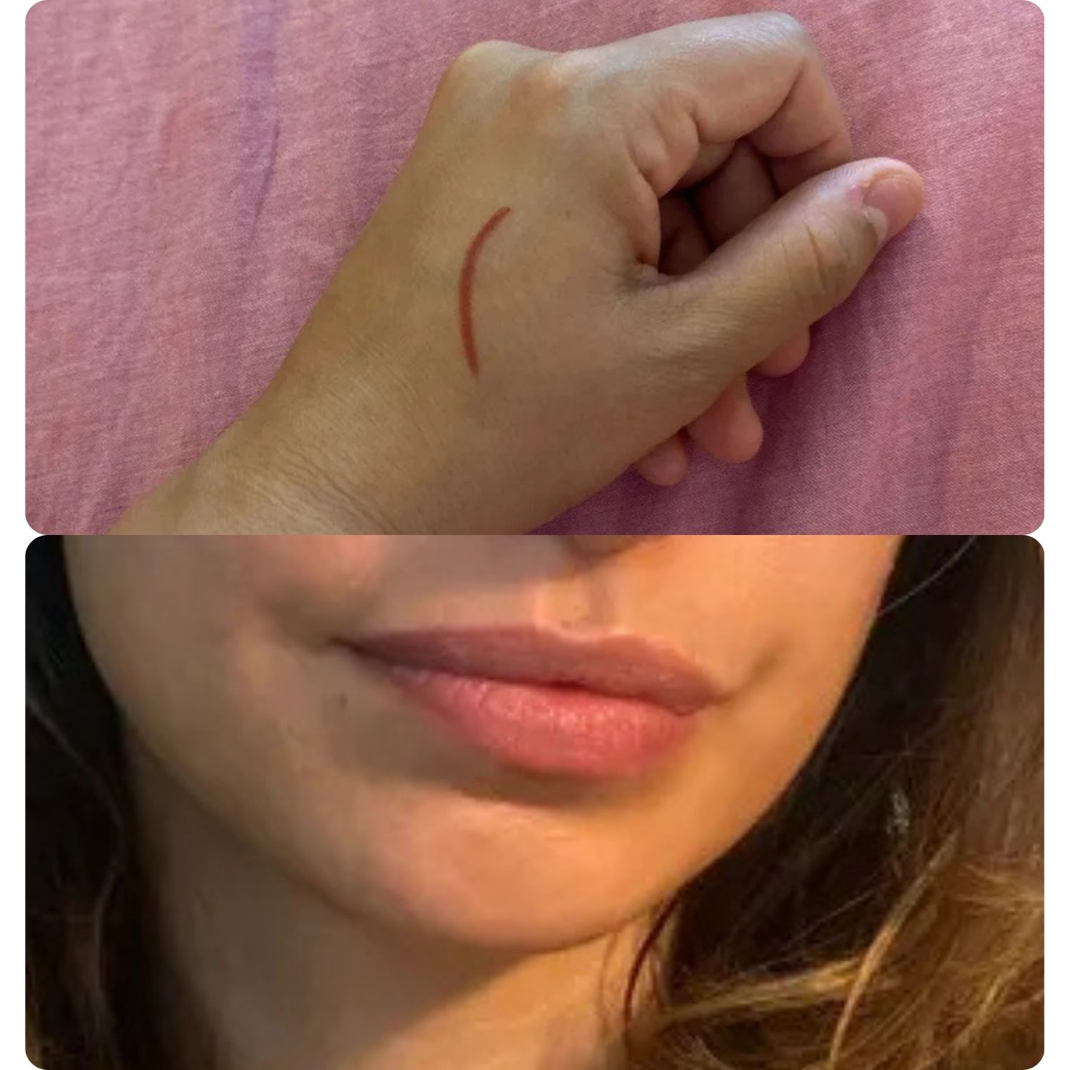 An image of shopping writer Hannah Holway's hand with a swatch of charlotte tilbury lip liner above an image of the lip liner on her lips