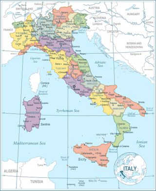 A map of Italy showing the 20 regions and major cities.