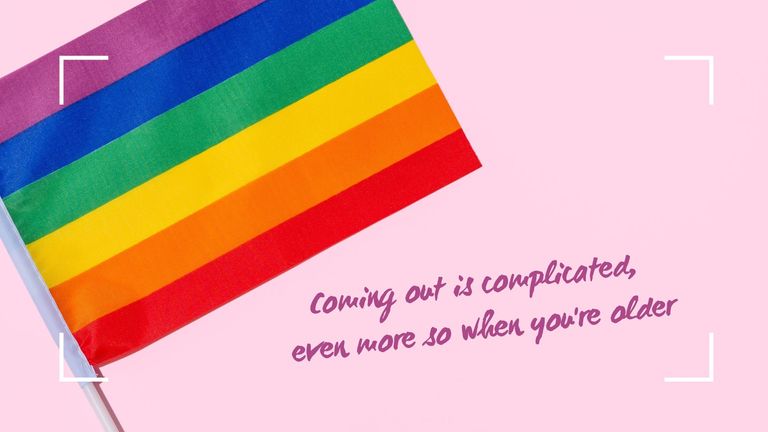 Rainbow flag on light pink background the 'coming out is complicated, even more so when you're older' in purple writing