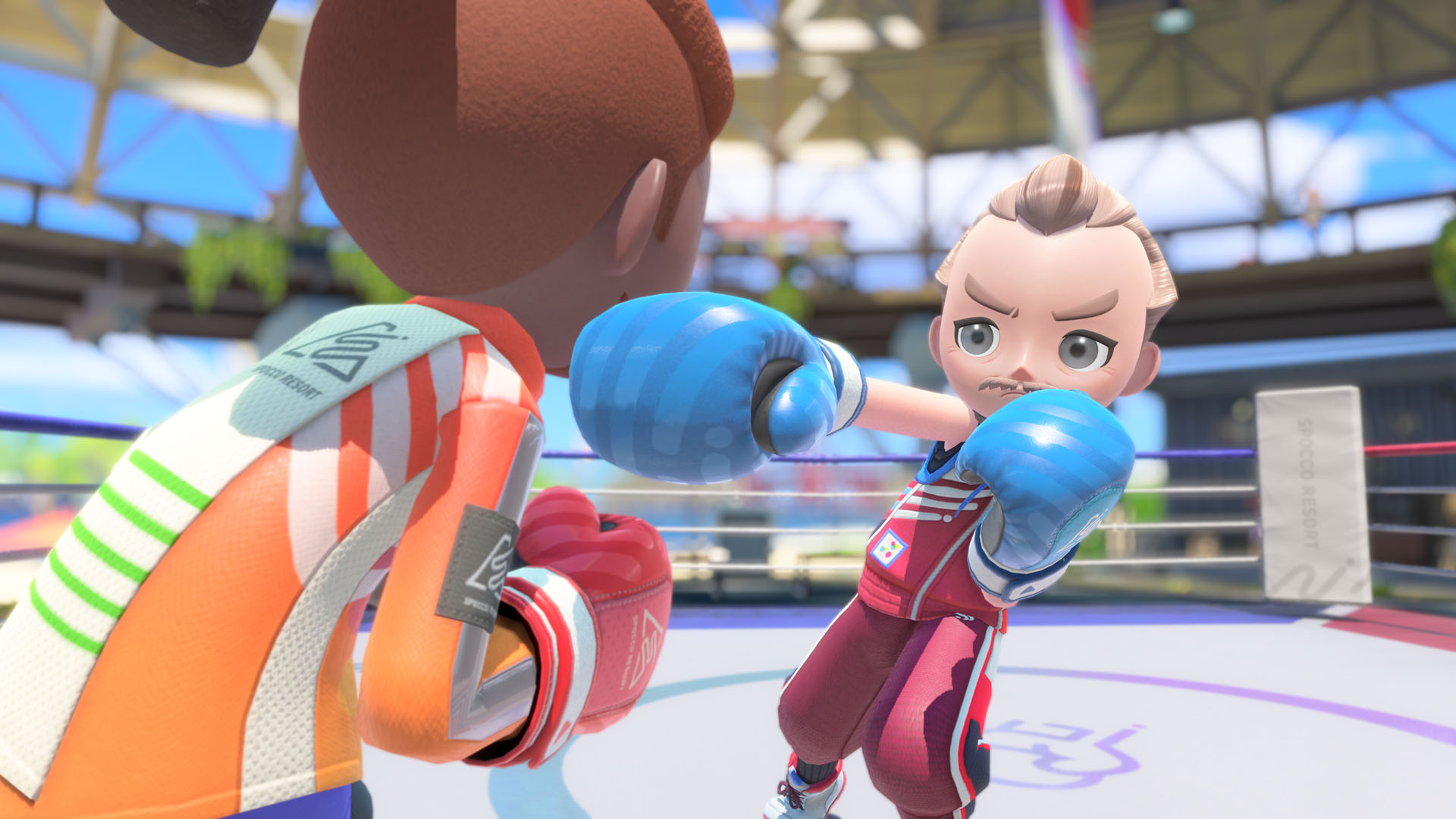 An opponent throws a punch in the boxing sport in Nintendo Switch Sports Resort