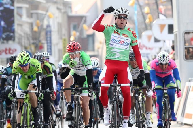 Stage 3a winner Alexander Kristoff (Katusha) celebrates his victory.