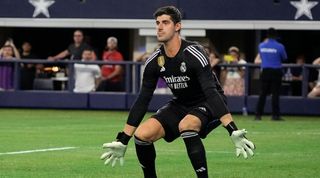 Thibaut Courtois #1 of Real Madrid watches play during the first half of the pre-season friendly match against FC Barcelona at AT&T Stadium on July 29, 2023 in Arlington, Texas. (Photo by Sam Hodde/Getty Images