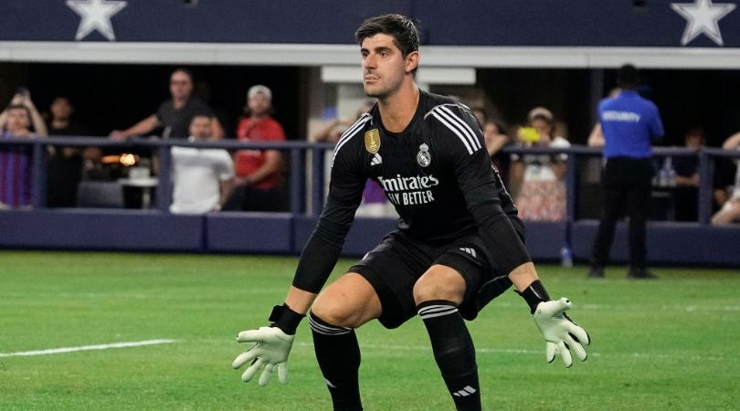 Thibaut Courtois #1 of Real Madrid watches play during the first half of the pre-season friendly match against FC Barcelona at AT&amp;T Stadium on July 29, 2023 in Arlington, Texas. (Photo by Sam Hodde/Getty Images