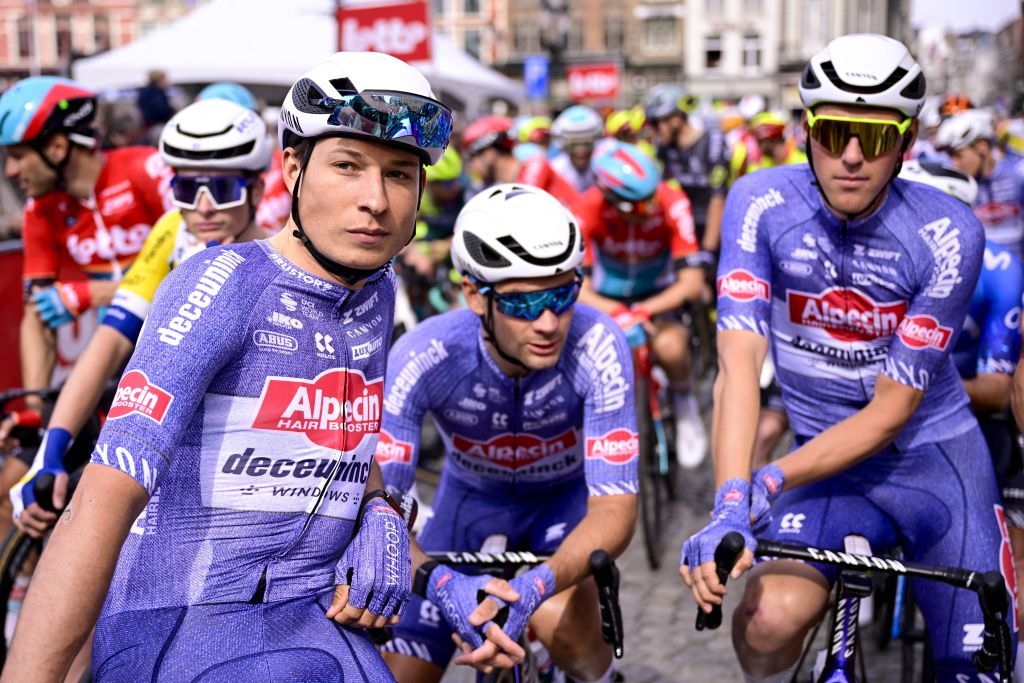Alpecin-Deceuninck's Belgian rider Jasper Philipsen (L) looks on prior to the start of the 'Classic Brugge-De Panne' men's elite one-day cycling race, 198,9 km from Brugge to De Panne, on March 20, 2024. (Photo by LAURIE DIEFFEMBACQ / Belga / AFP) / Belgium OUT