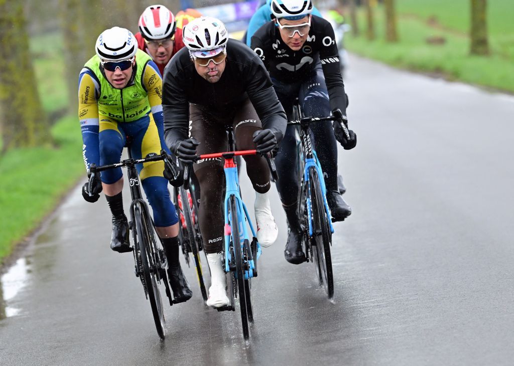Belgian Greg Van Avermaet of AG2R Citroen British Lewis Askey of GroupamaFDJ Swiss Johan Jacobs of Movistar Team Belgian Milan Fretin of Team Flanders Baloise Belgian Luca Van Boven of Bingoal WB Belgian Jelle Wallays of Cofidis US Colin Joyce of Human Powered Health and Kazakh Yevgeniy Fedorov of Astana Qazaqstan pictured in action during the mens GentWevelgem In Flanders Fields cycling race 2609 km from Ieper to Wevelgem Sunday 26 March 2023 BELGA PHOTO DIRK WAEM Photo by DIRK WAEM BELGA MAG Belga via AFP Photo by DIRK WAEMBELGA MAGAFP via Getty Images