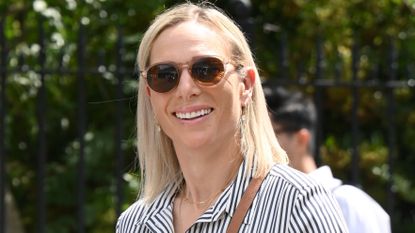 Zara Tindall attends day ten of the Wimbledon Tennis Championships at the All England Lawn Tennis and Croquet Club on July 12, 2023