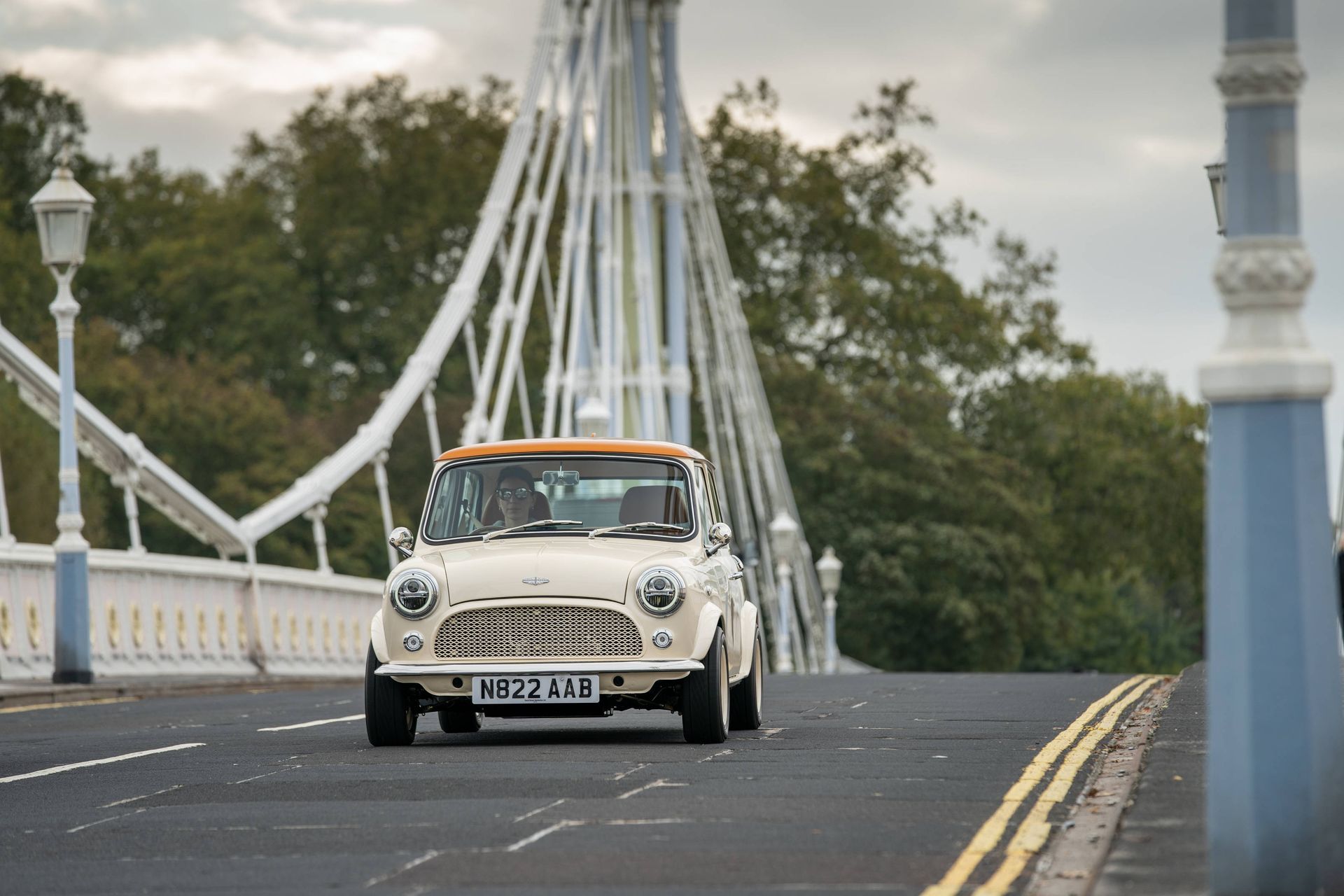 Mini eMastered by David Brown Automotive crosses bridge