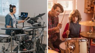 Side-by-side image of a girl taking an online drum lesson and a young boy taking a lesson with a drum teacher
