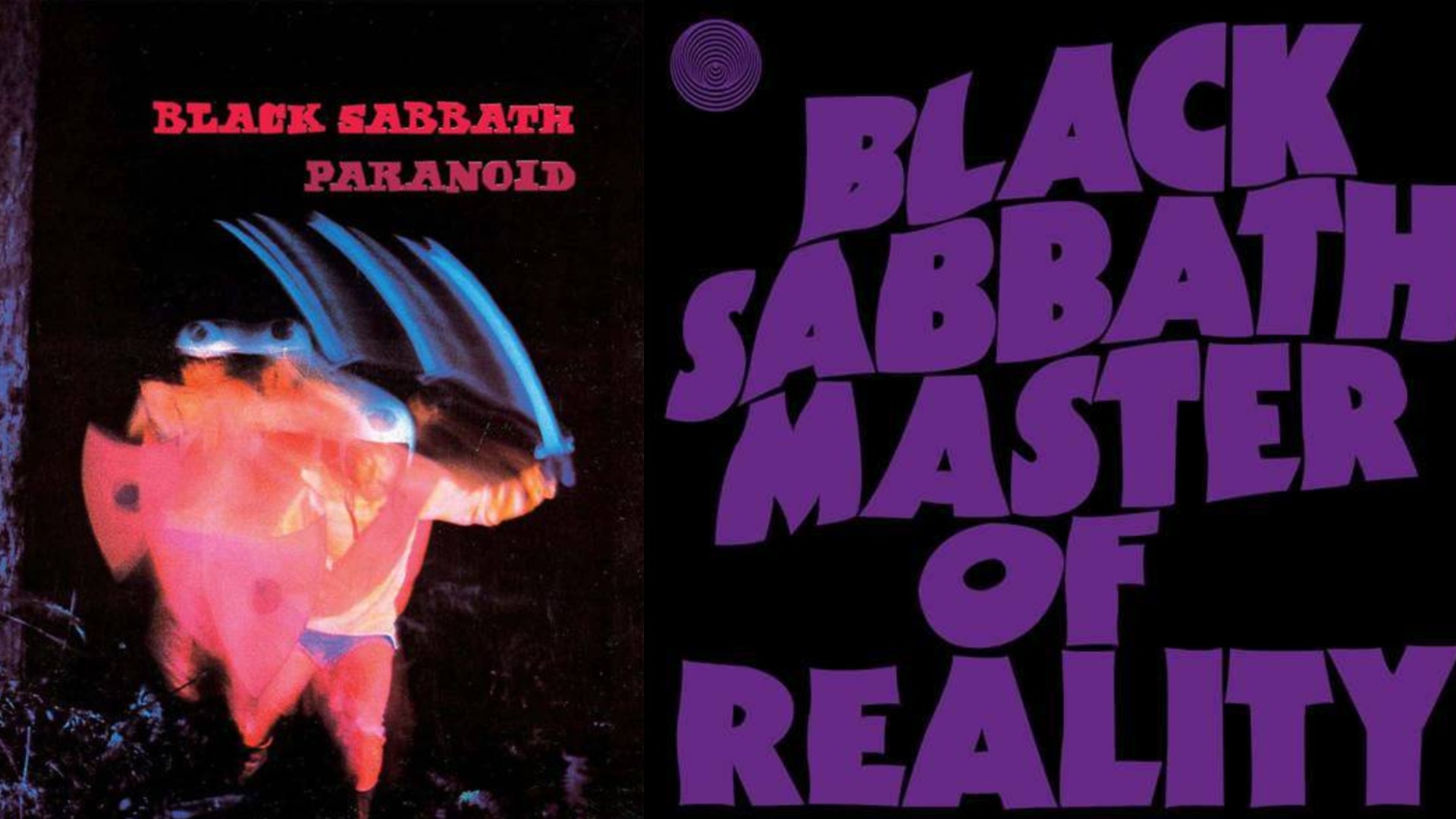 A side-by-side comparison of two Black Sabbath album covers. On the left is "Paranoid," featuring a blurry, reddish-pink warrior leaping forward with a large, metallic, dark blue shield or weapon. On the right is "Master of Reality," with large, stylized purple text on a black background spelling out "BLACK SABBATH MASTER OF REALITY."