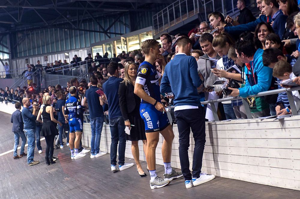 Riders meet with fans at the Etixx-QuickStep team presentation.