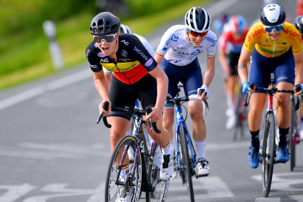 DRTENDORF GERMANY MAY 28 Lotte Kopecky of Belgium and Team Belgium attack on breakaway during the 34th Internationale LOTTO Thringen Ladies Tour 202 Stage 4 a 101km stage from Drtendorf to Drtendorf 420m ltlt2021 lottothueringenladiestour womencycling on May 28 2021 in Drtendorf Germany Photo by Luc ClaessenGetty Images