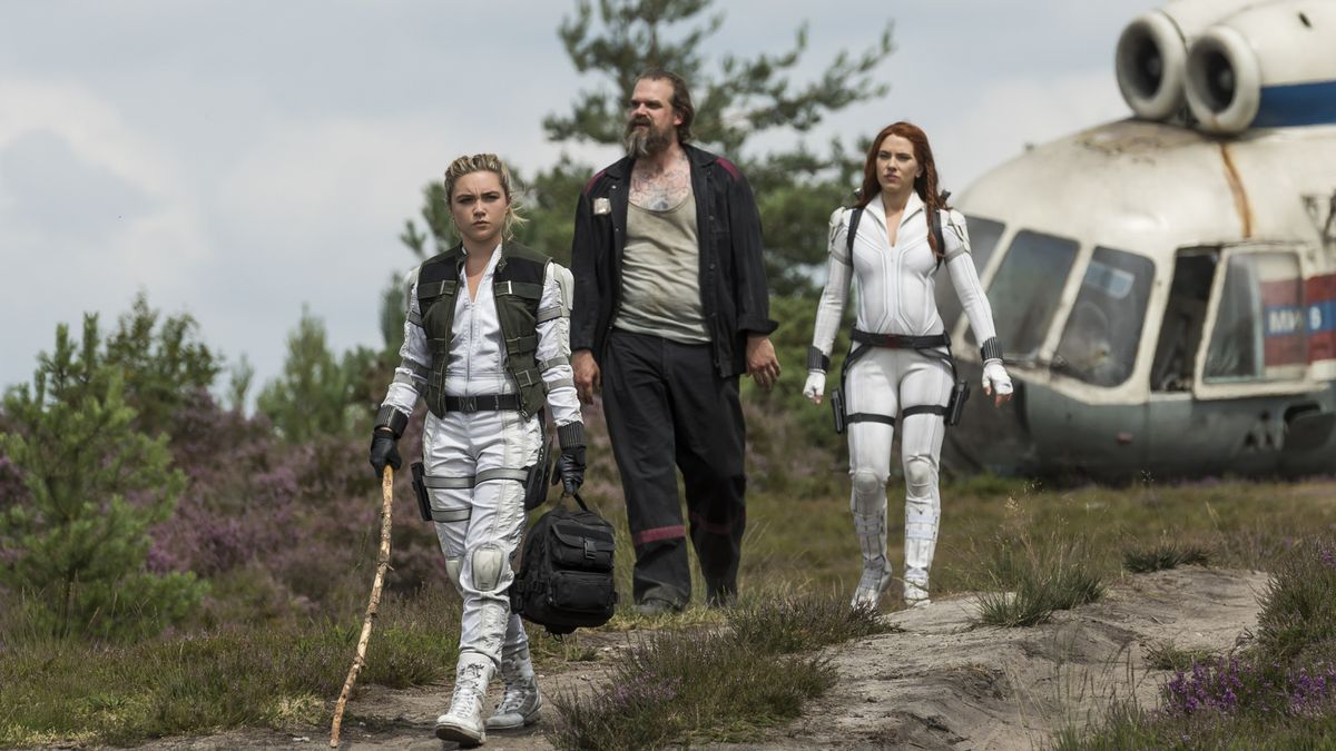 From left, Florence Pugh, David Harbour and Scarlett Johansson in &quot;Black Widow.&quot;