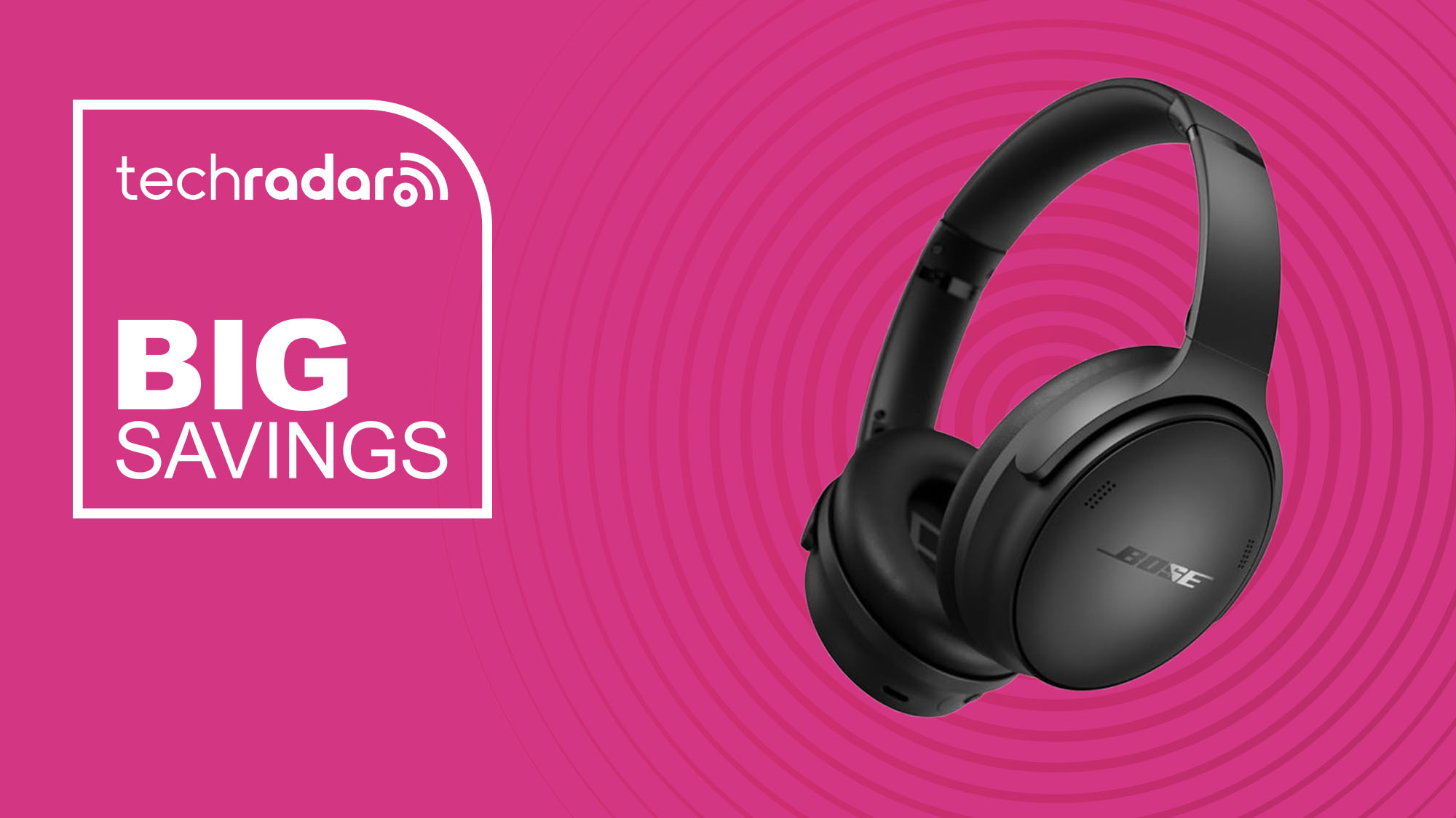 The Bose QuietComfort Headphones on a pink background with text saying Big Savings.