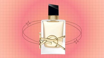 A bottle of YSL Libre perfume on a orange gradient template