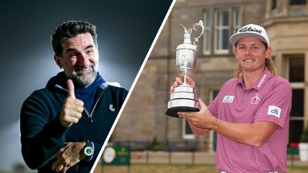 (left) PIF chairman, Yasir Al-Rumayyan gives a thumbs up to the camera before LIV Golf Riyadh 2025 while (right) Cameron Smith poses with the Open Championship trophy at St Andrews in 2022