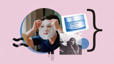 Photo collage of a man applying a face mask, a woman applying lip balm, and a product shot of Arcona Triad Pads