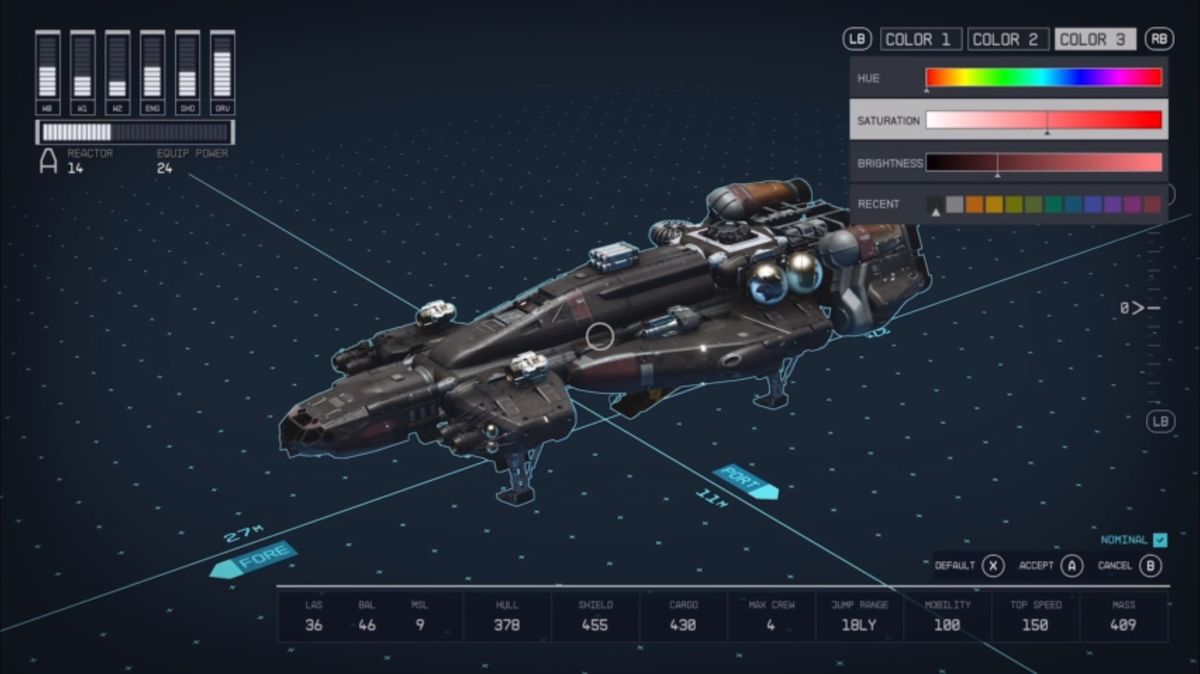Starfield's shipbuilding tool screens and customisation