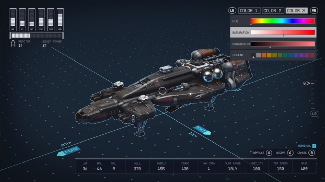 Starfield's shipbuilding tool screens and customisation
