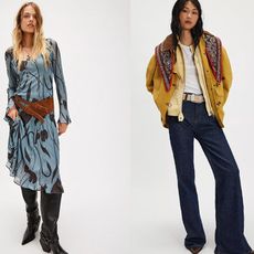 models wear free people outfits. one model wears. blue and brown dress, another wears a yellow barn jacket and flare jeans and another wears a boho skirt set