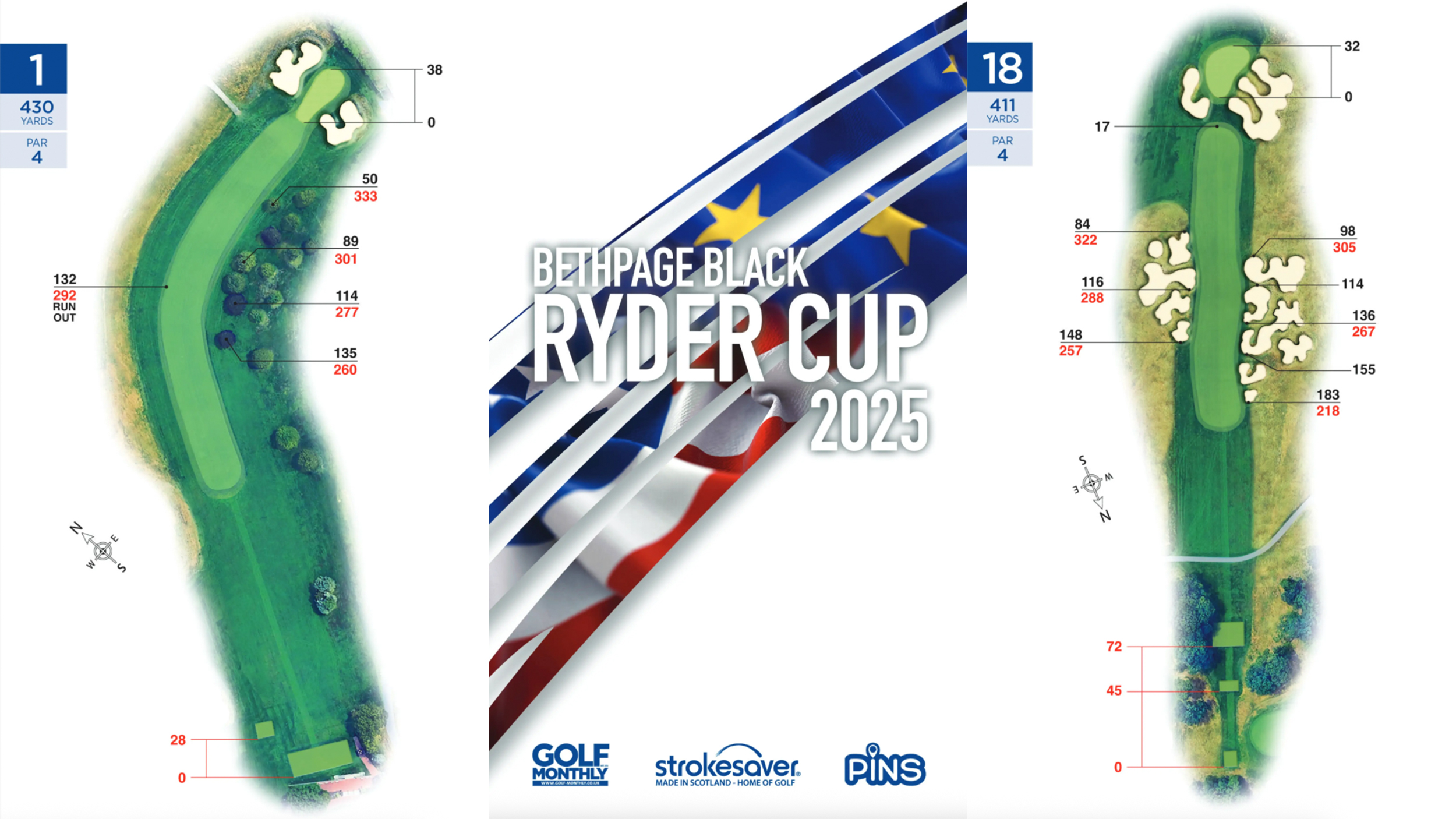 Bethpage Black 2025 official Ryder Cup strokesaver front cover and the 1st and 18th holes at Bethpage Black
