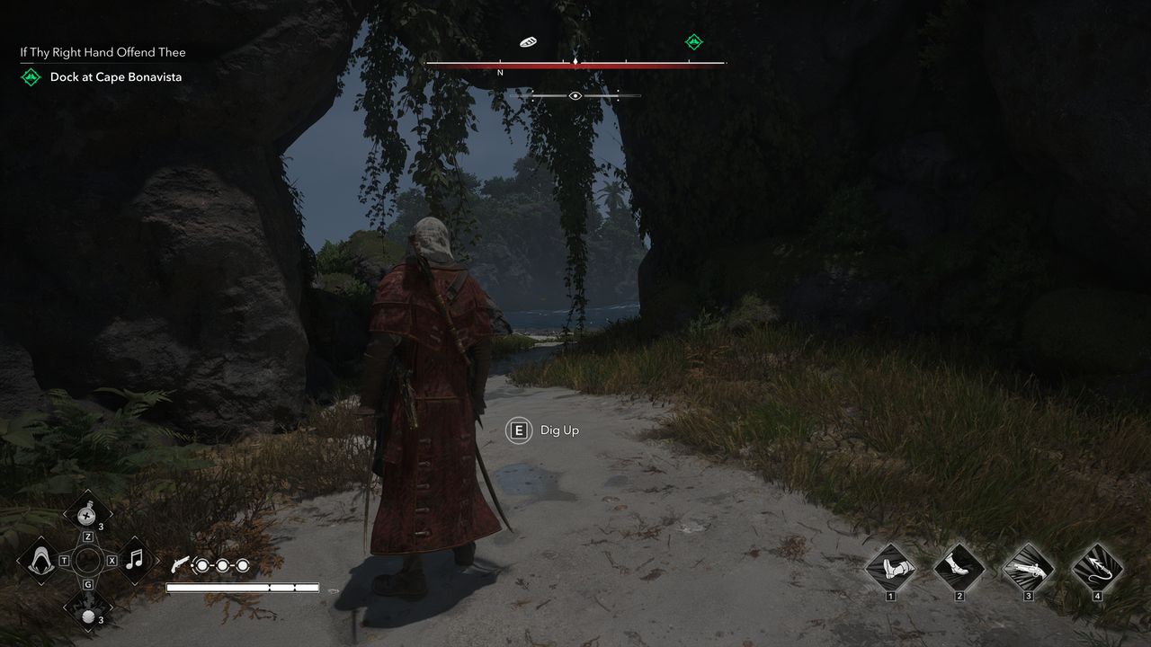 Black Flag treasure maps: Edward standing beneath a rocky archway covered in hanging plants, ready to dig up buried treasure.