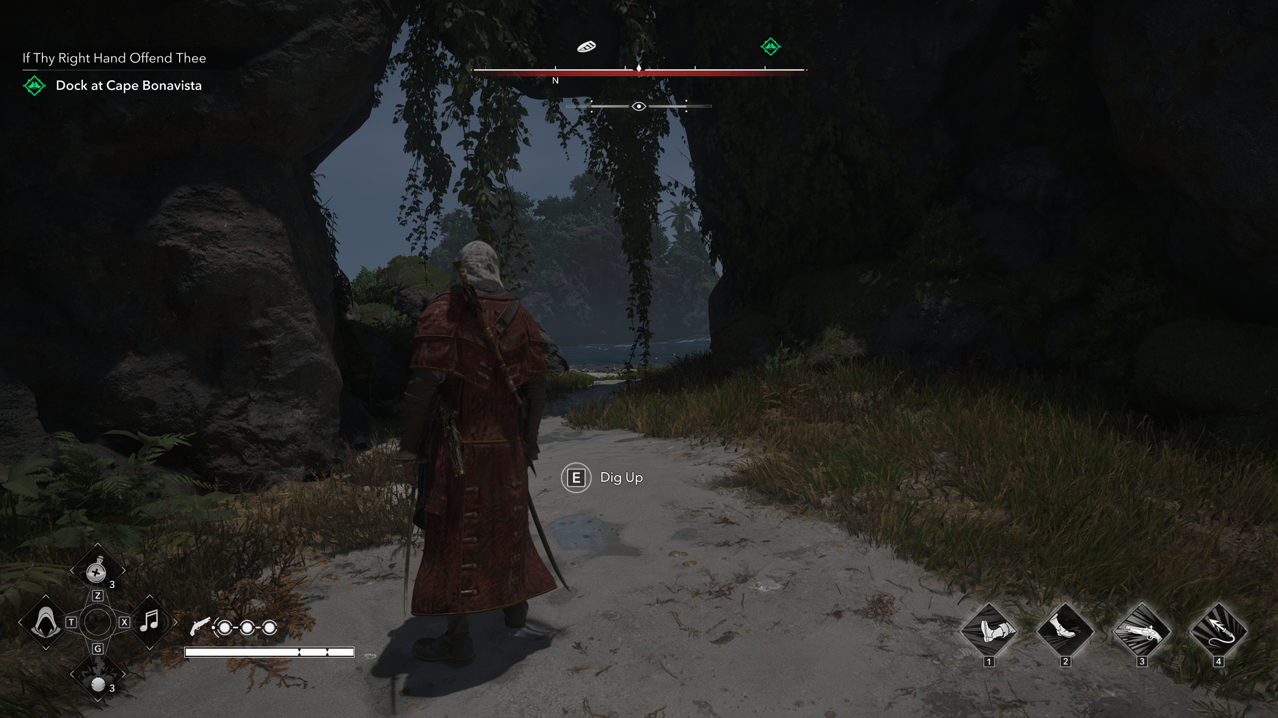 Black Flag treasure maps: Edward standing beneath a rocky archway covered in hanging plants, ready to dig up buried treasure.