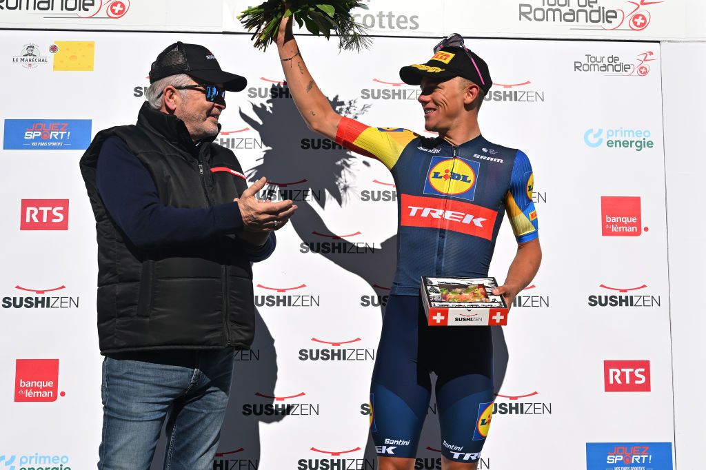 SALVANLES MARECOTTES SWITZERLAND APRIL 25 Thibau Nys of Belgium and Team Lidl Trek celebrates at podium as stage winner during the 77th Tour De Romandie 2024 Stage 2 a 171km stage from Fribourg to SalvanLes Marecottes 1059m UCIWT on April 25 2024 in SalvanLes Marecottes Switzerland Photo by Luc ClaessenGetty Images