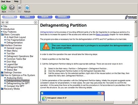 A screenshot image of Total Defrag 2010 shows the built in help system which includes fairly good tutorials for those with moderate knowledge of hard drive file structures.