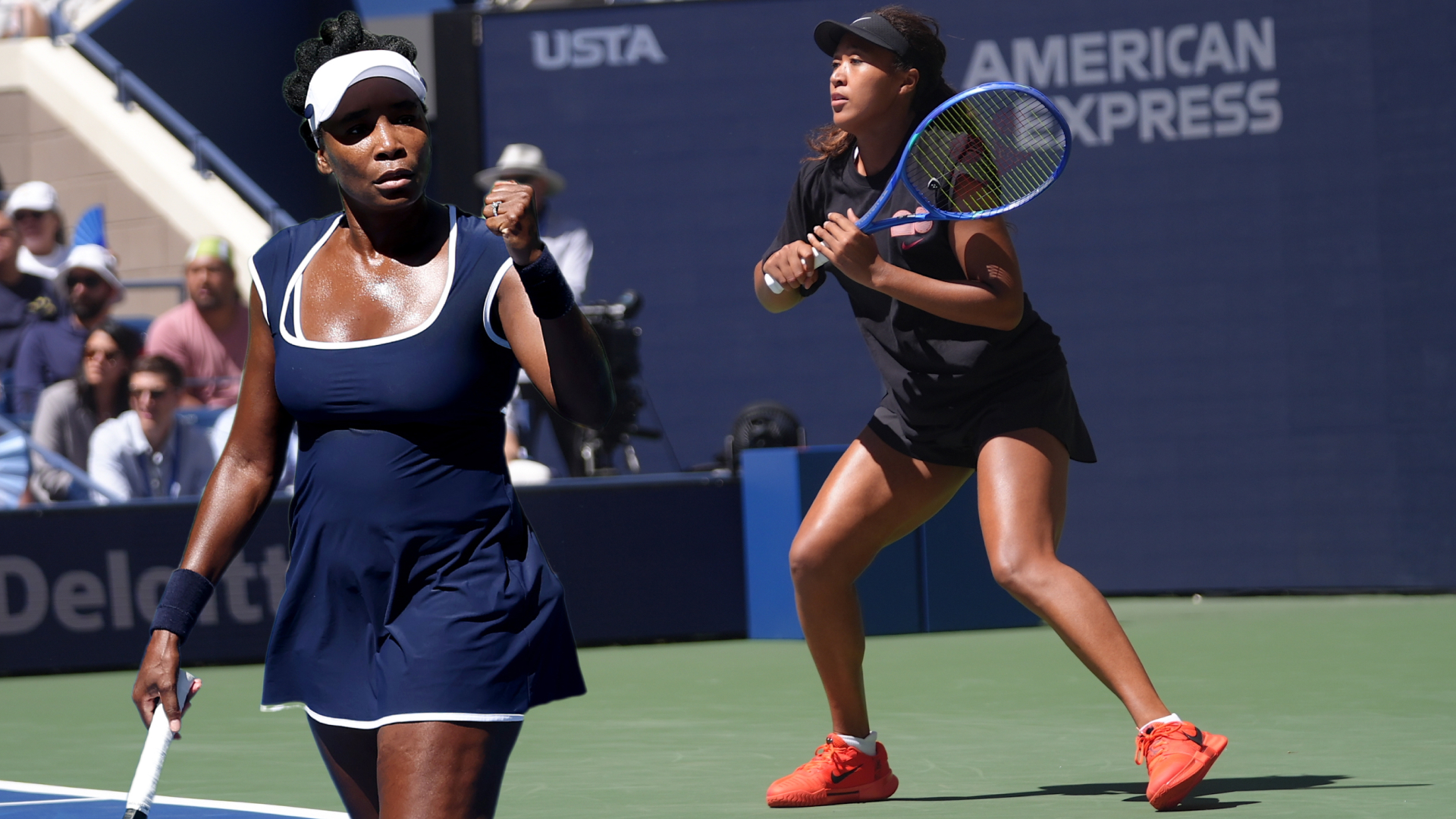 Venus Williams and Naomi Osaka at the 2025 US Open wearing tennis outfits
