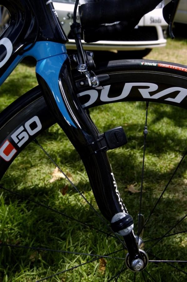The Pinarello fork has the SRM sensors strapped to it.