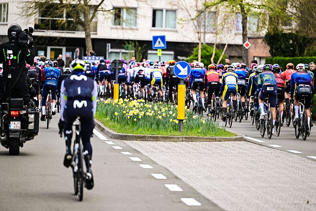The peloton pictured in action during the 'Ronde van Brugge' men's elite one-day cycling race, 202,9 km from and to Brugge on Wednesday 25 March 2026. BELGA PHOTO MAARTEN STRAETEMANS (Photo by MAARTEN STRAETEMANS / BELGA MAG / Belga via AFP)