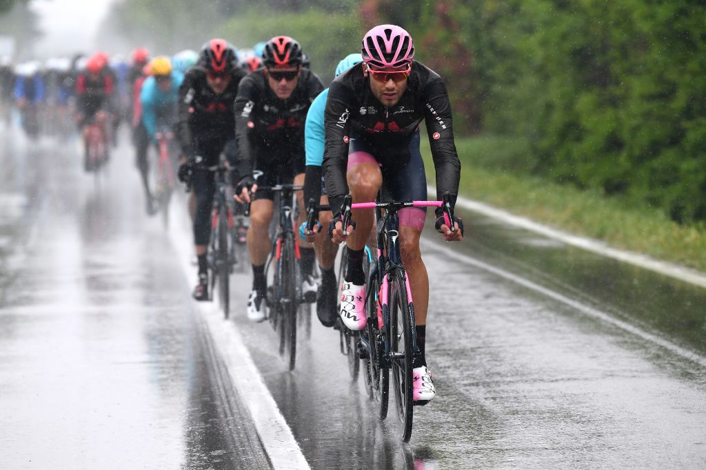 SESTOLA ITALY MAY 11 Filippo Ganna of Italy and Team INEOS Grenadiers Pink Leader Jersey during the 104th Giro dItalia 2021 Stage 4 a 187km stage from Piacenza to Sestola 1020m Rain girodiitalia Giro UCIworldtour on May 11 2021 in Sestola Italy Photo by Tim de WaeleGetty Images