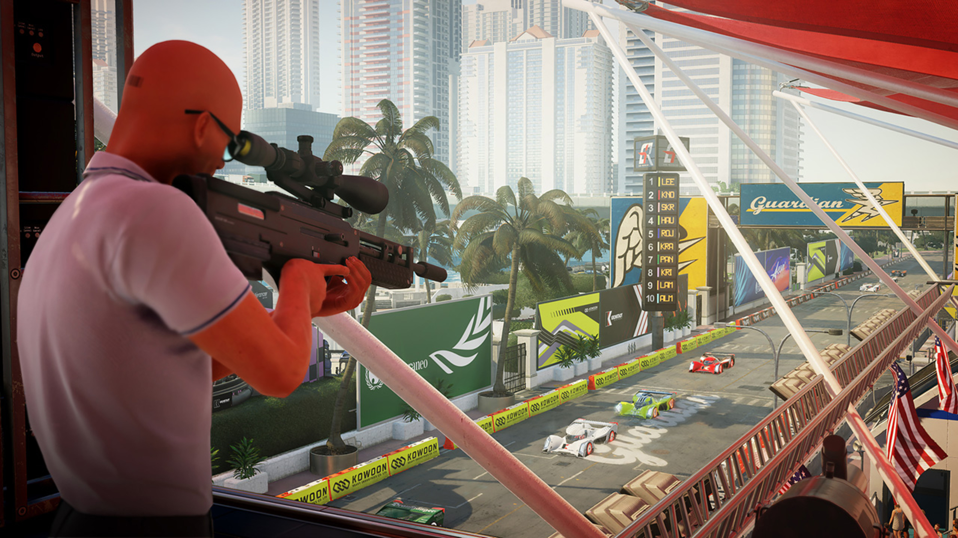 Agent 47 aiming a sniper rifle down a racetrack in Hitman: World of Assassination