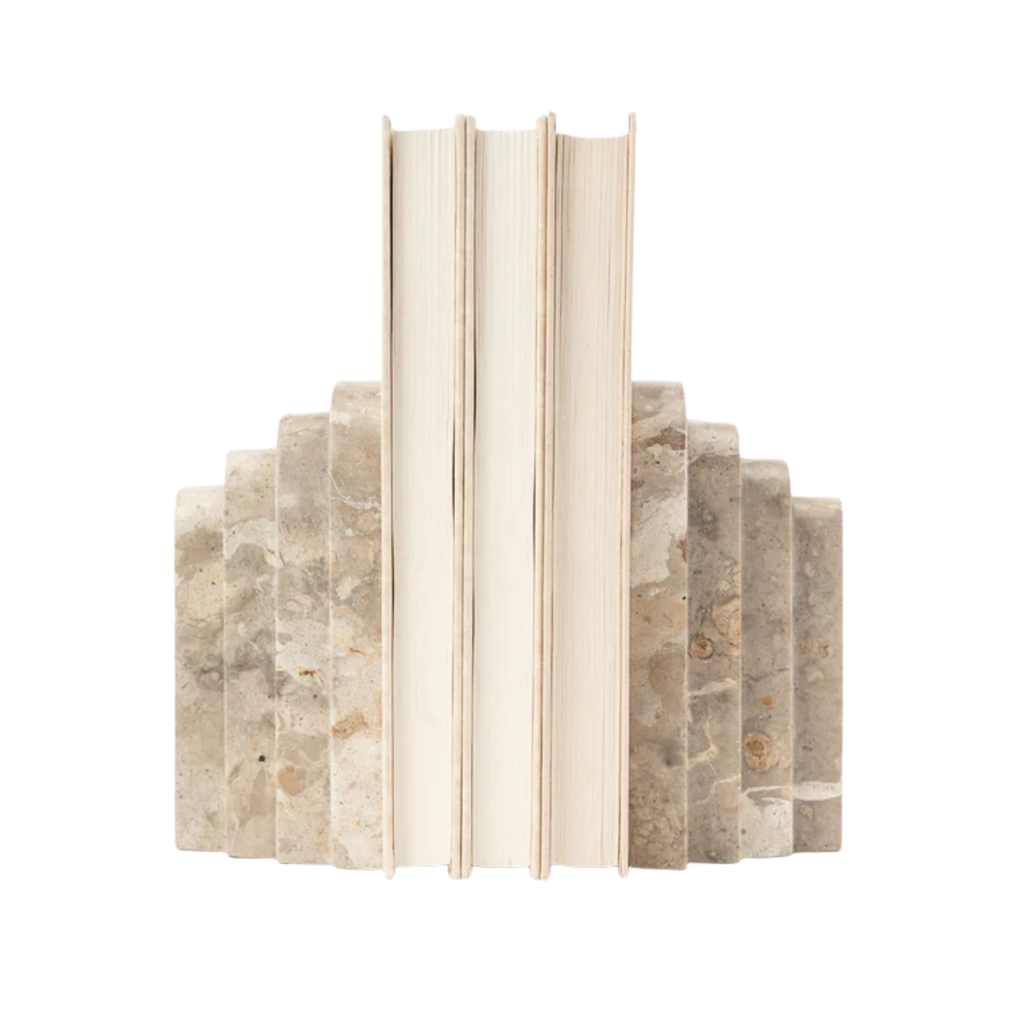 a set of two marble bookends with three books in between