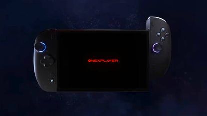 ONEXPLAYER X2 mini teaser screenshot with right controller detaching from console with blue backdrop.