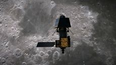 In an artist's concept, the Indian lander Vikram nears the lunar surface.