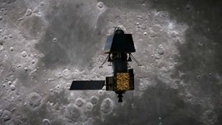 In an artist's concept, the Indian lander Vikram nears the lunar surface.