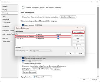 Word edit custom dictionary