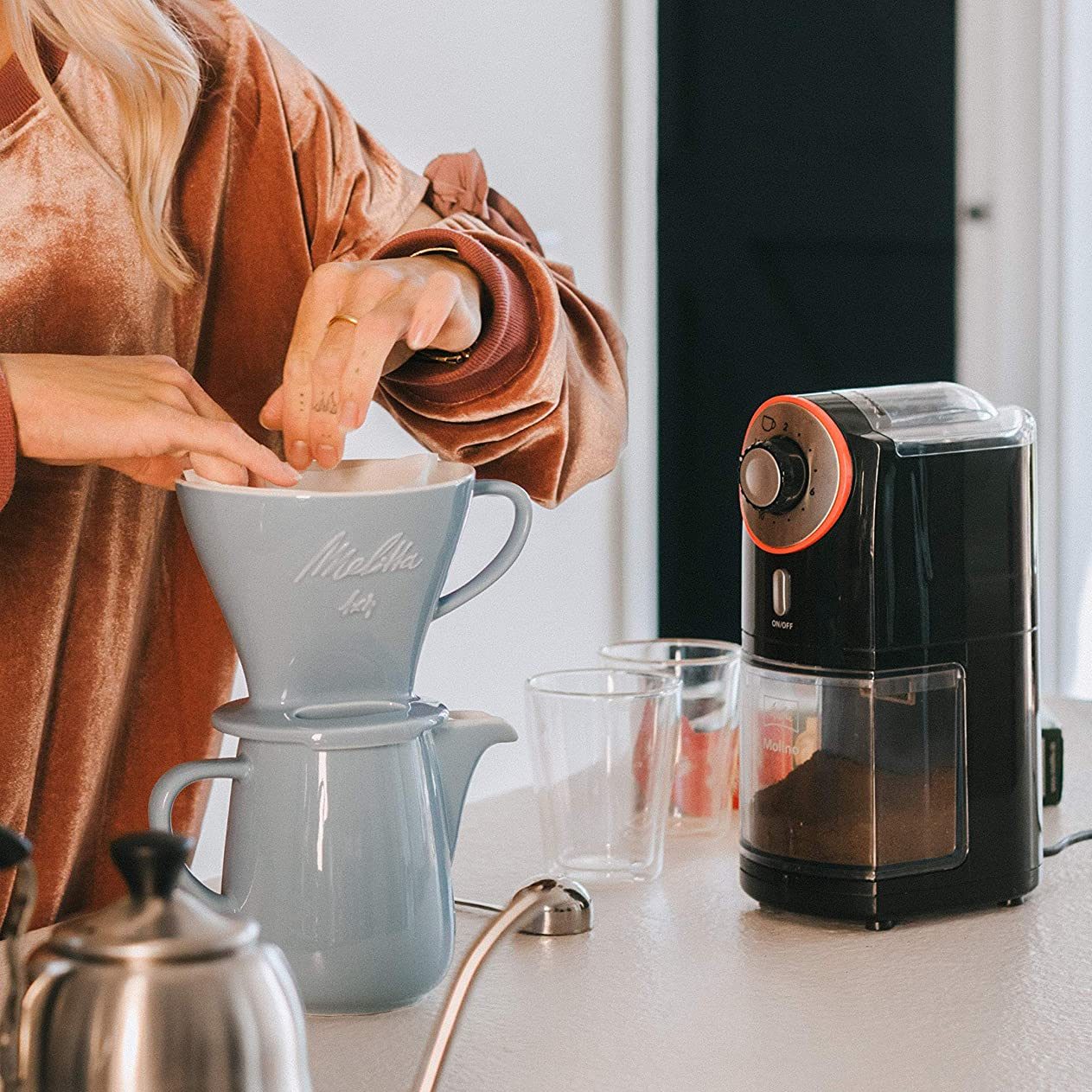 Melitta Molino Coffee Grinder on kitchen counter.