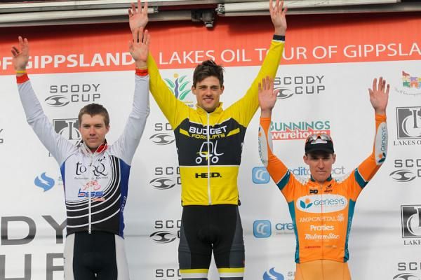 Tour of Gippsland Stage 4 podium: Brenton Jones (Team Torq / Bicycle Superstore), Luke Davison (Budget Forklifts) and Anthony Giacoppo (Genesys)