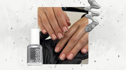 A close-up of someone's hand, which feature short, silver French tip nails by nail artist, Fliss Alton/@gelsbyfliss/ featured in a grey and white template, with a silver glittery overlay and a product shot of essie's silver apres-chic nail polish and a similar silver nail polish spill