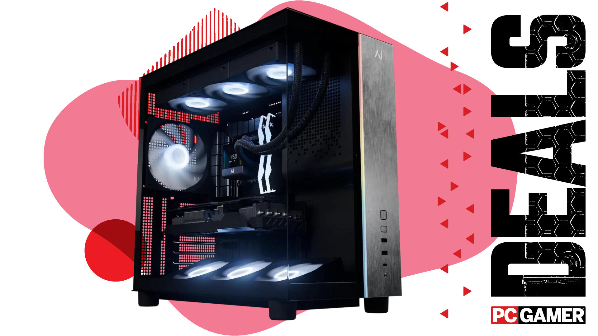 An image of an Andromeda Insights desktop gaming PC against a colorful background, with the phrase 'Deals' on right, above a PC Gamer logo