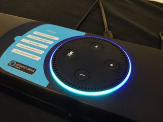 The Command Bar's familiar Amazon Echo blue light ring is slightly raised on the bar for better microphone performance