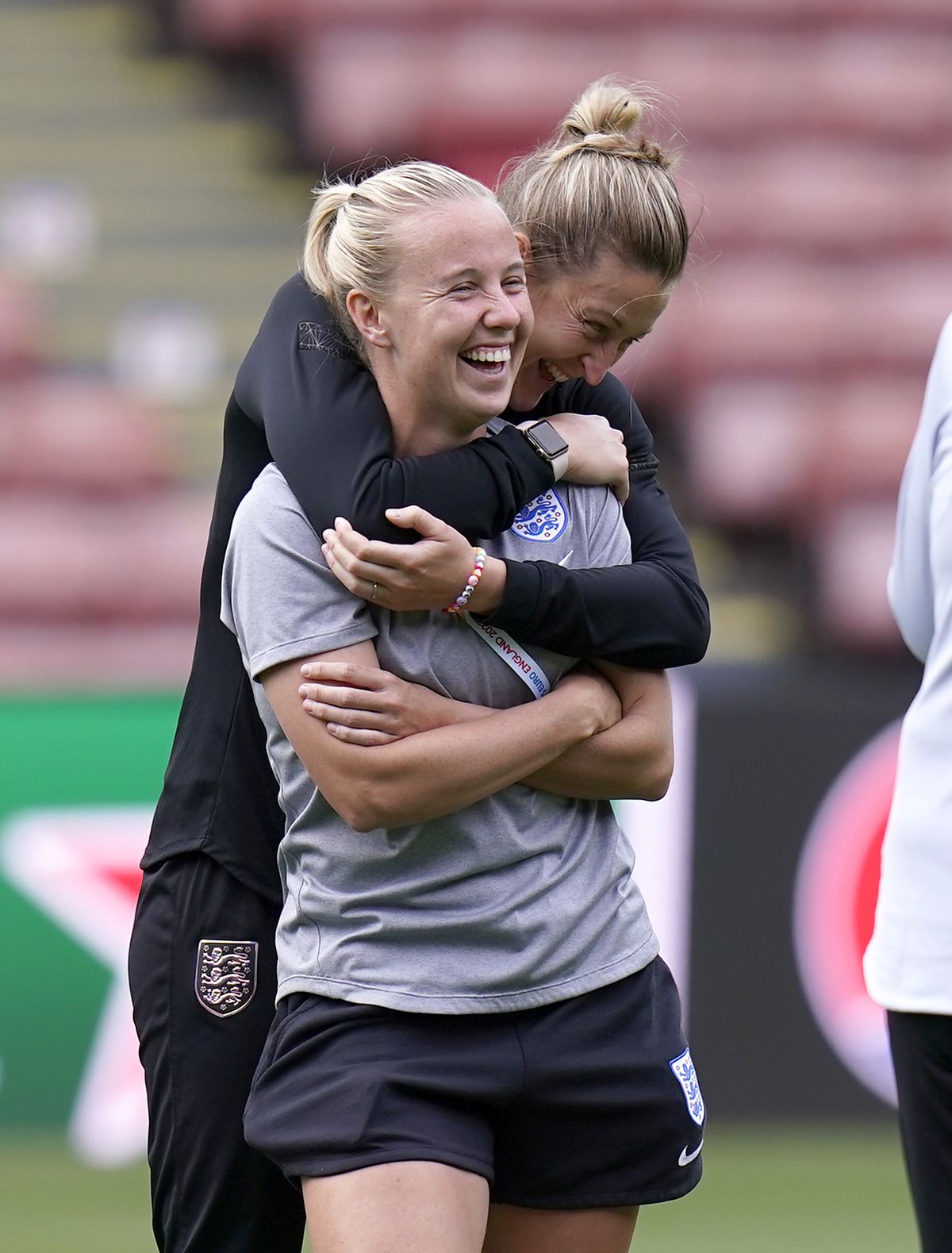 England’s Beth Mead and Ellen White inspect the Bramall Lane pitch on the eve of their Women’s Euro semi-final.