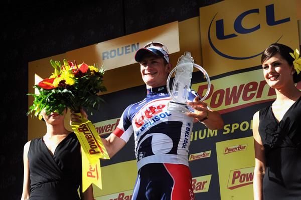 Andre Greipel (Lotto Belisol) on the podium following his sprint victory in Rouen.