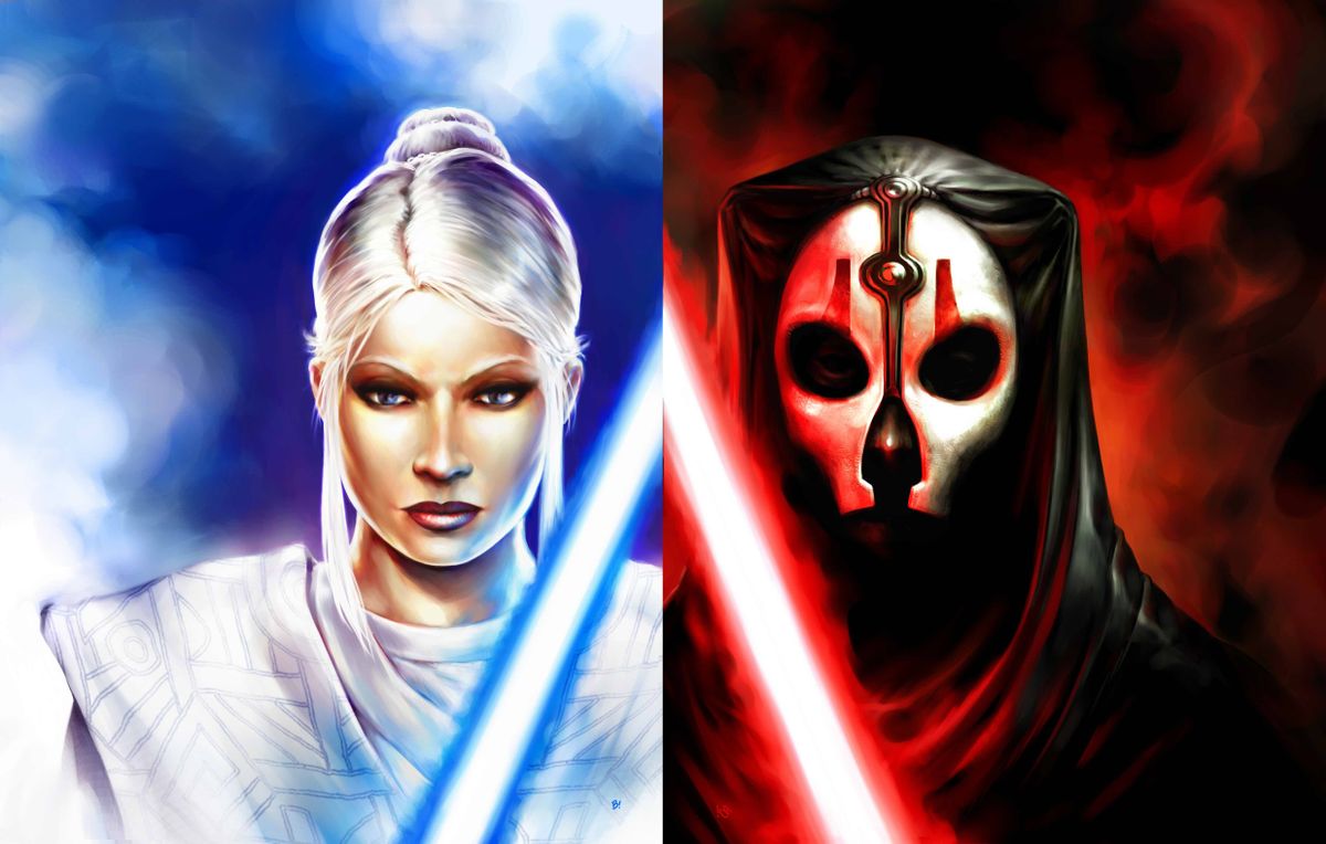 Jedi Master Atris wields a lightsaber next to Sith Lord Darth Nihlus in keyart for KOTOR 2.