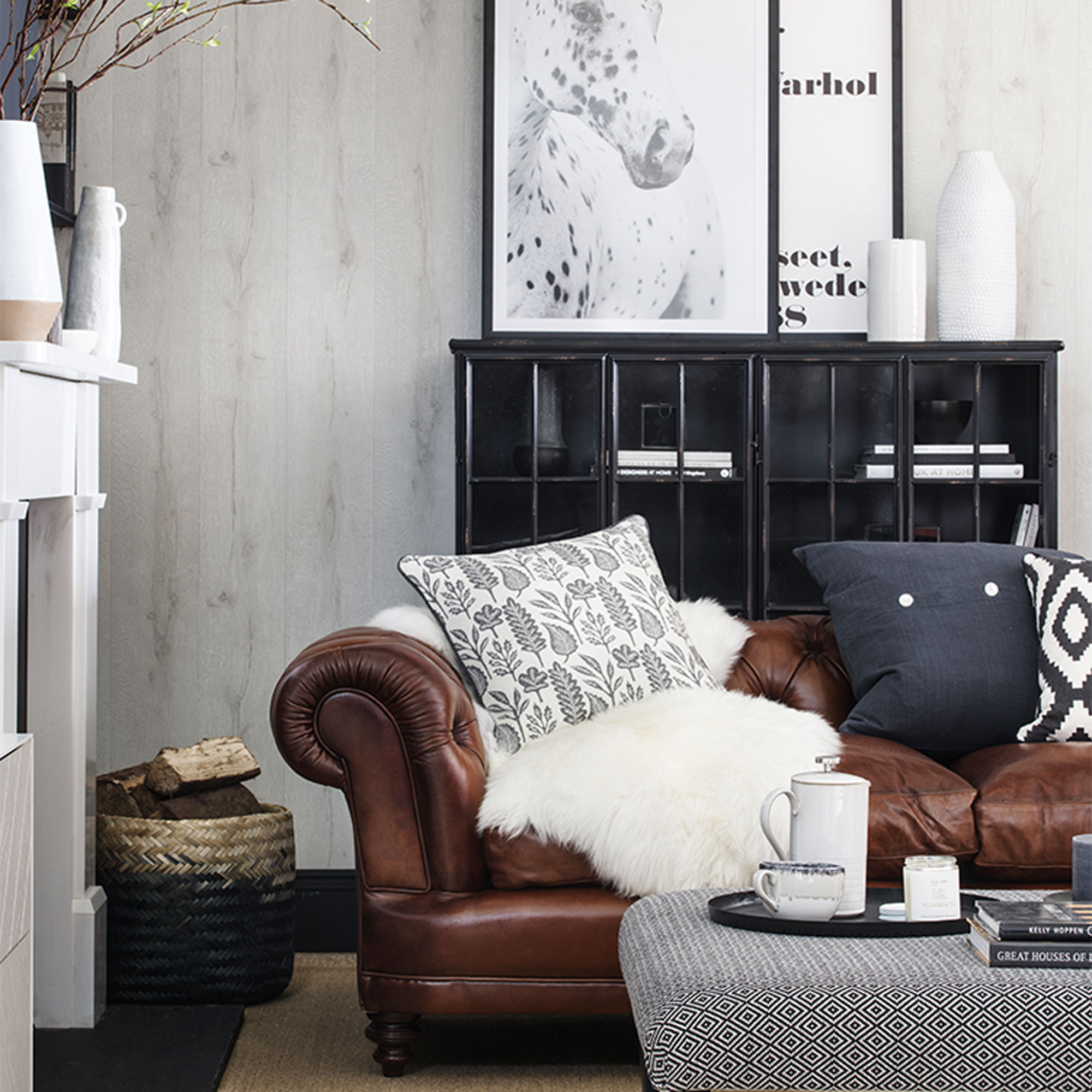 Brown Leather Couch with Gray Pillows - Transitional - Living Room