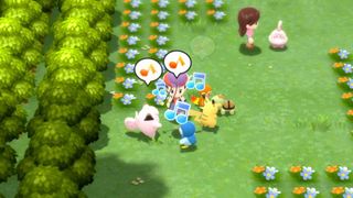 A screenshot from Pokémon Brilliant Diamond/Shining Pearl, showing the player surrounded by Clefairy, Piplup, Pikachu, Turtwig and Chimchar